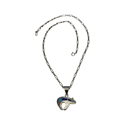 Vintage Native American Sterling Silver Bear Fetish Pendant Necklace Inlay Turqu - Picture 1 of 10